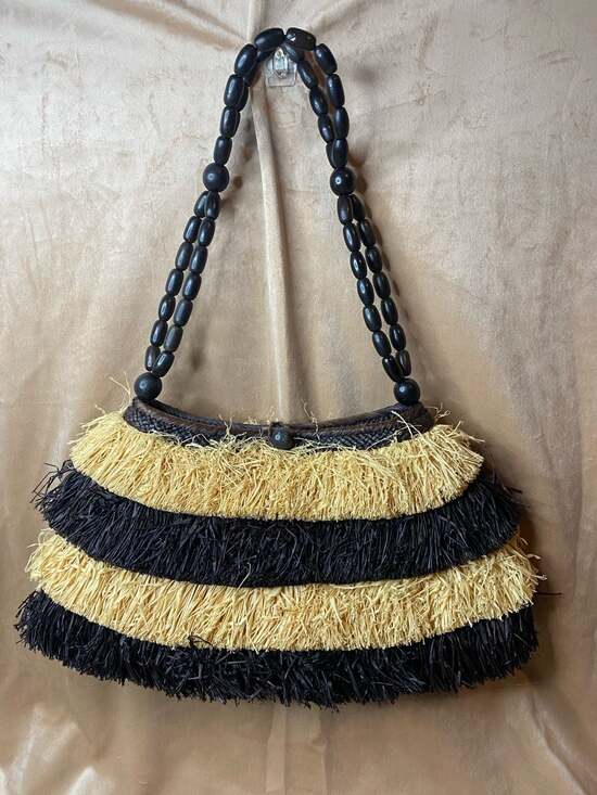 Majunga Handbags - Boho Vacation Resort Woven Straw Clutch with Fringe and Beaded Handle